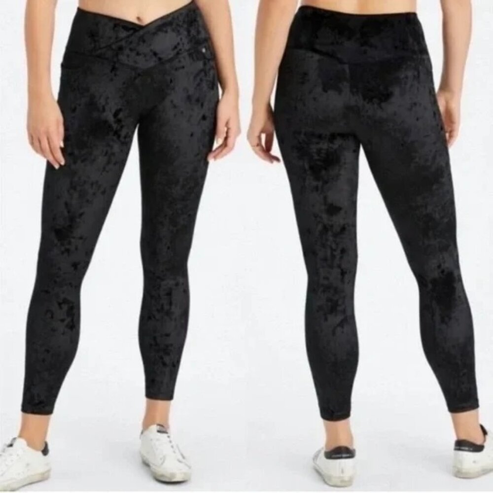 NWT Fabletics High-Waisted Crushed Velvet Crossover Leggings Black Size XS